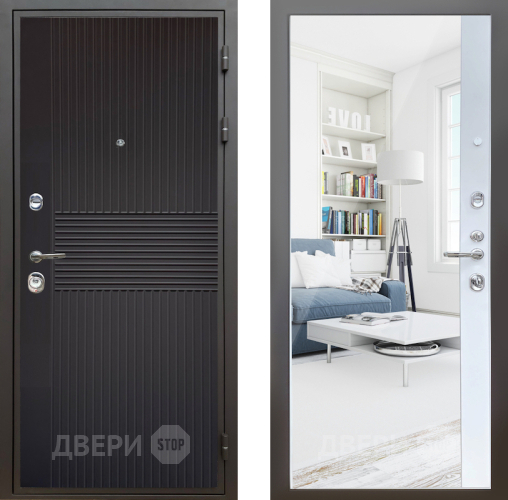 Входная металлическая Дверь Шелтер (SHELTER) Комфорт Черная шагрень 14 с зеркалом Белый матовый в Краснознаменске