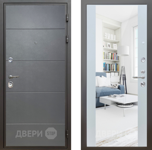 Входная металлическая Дверь Шелтер (SHELTER) Комфорт Лофт графит 13 с зеркалом Белый матовый в Краснознаменске