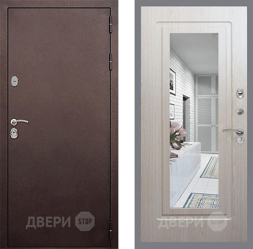 Входная металлическая Дверь Стоп КЛАССИК Медь Зеркало ФЛ-120 Беленый дуб в Краснознаменске
