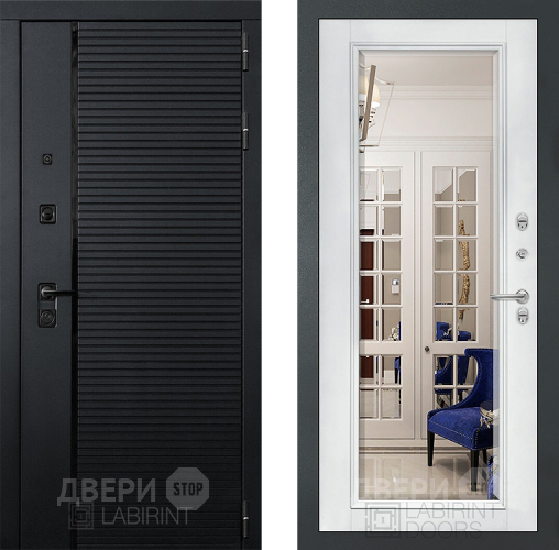 Входная металлическая Дверь Лабиринт (LABIRINT) Piano Зеркало Фацет с багетом Белый софт в Краснознаменске
