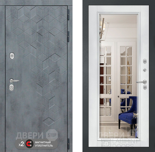 Дверь Лабиринт (LABIRINT) Бетон Зеркало Фацет с багетом Белый софт в Краснознаменске
