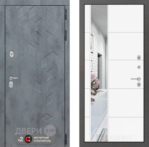 Входная металлическая Дверь Лабиринт (LABIRINT) Бетон Зеркало 19 Белый софт в Краснознаменске
