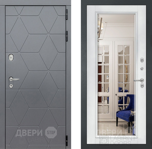 Входная металлическая Дверь Лабиринт (LABIRINT) Cosmo Зеркало Фацет с багетом Белый софт в Краснознаменске