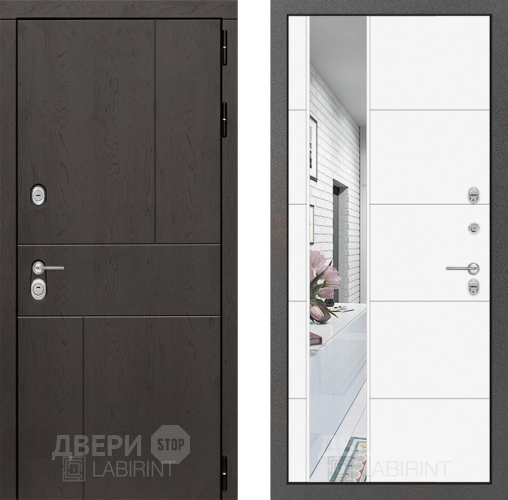 Входная металлическая Дверь Лабиринт (LABIRINT) Urban Зеркало 19 Белый софт в Краснознаменске