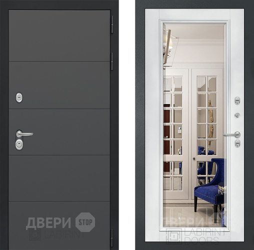 Дверь Лабиринт (LABIRINT) Art Зеркало Фацет с багетом Белый софт в Краснознаменске