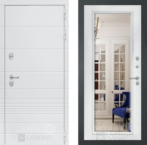 Входная металлическая Дверь Лабиринт (LABIRINT) Трендо Зеркало Фацет с багетом Белый софт в Краснознаменске