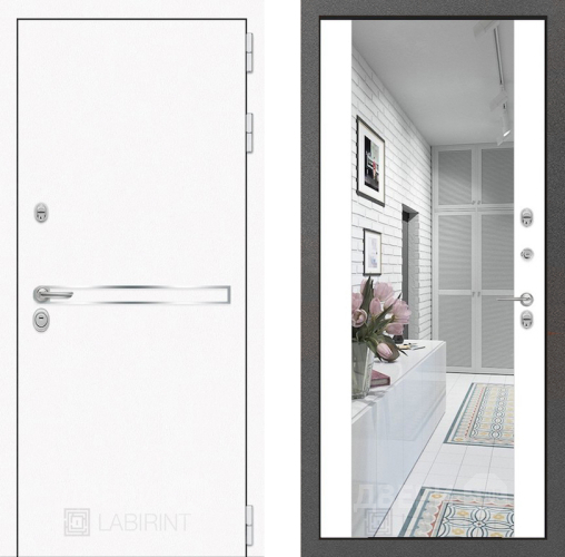 Входная металлическая Дверь Лабиринт (LABIRINT) Лайн White Зеркало Максимум Белый софт в Краснознаменске