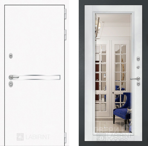 Входная металлическая Дверь Лабиринт (LABIRINT) Лайн White Зеркало Фацет с багетом Белый софт в Краснознаменске
