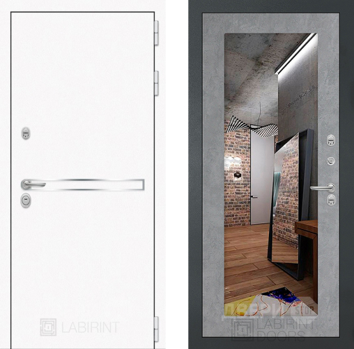 Входная металлическая Дверь Лабиринт (LABIRINT) Лайн White Зеркало 18 Бетон светлый в Краснознаменске