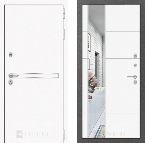Входная металлическая Дверь Лабиринт (LABIRINT) Лайн White Зеркало 19 Белый софт в Краснознаменске