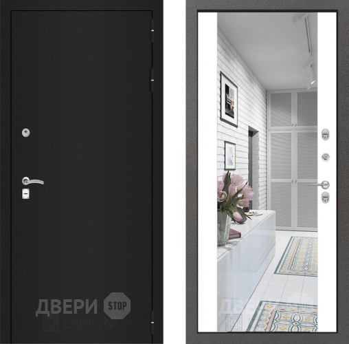 Входная металлическая Дверь Лабиринт (LABIRINT) Classic шагрень черная Зеркало Максимум Белый софт в Краснознаменске