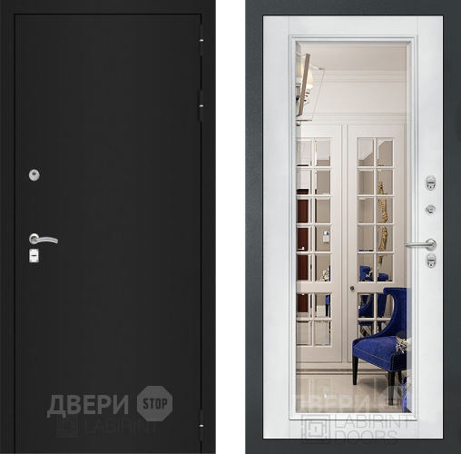 Дверь Лабиринт (LABIRINT) Classic шагрень черная Зеркало Фацет с багетом Белый софт в Краснознаменске