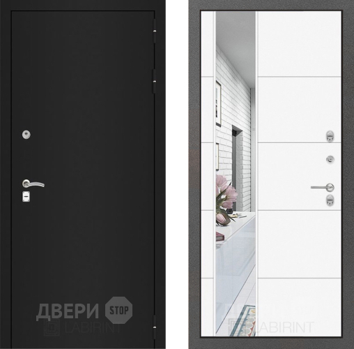 Входная металлическая Дверь Лабиринт (LABIRINT) Classic шагрень черная Зеркало 19 Белый софт в Краснознаменске