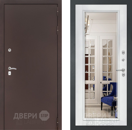 Дверь Лабиринт (LABIRINT) Classic антик медь Зеркало Фацет с багетом Белый софт в Краснознаменске
