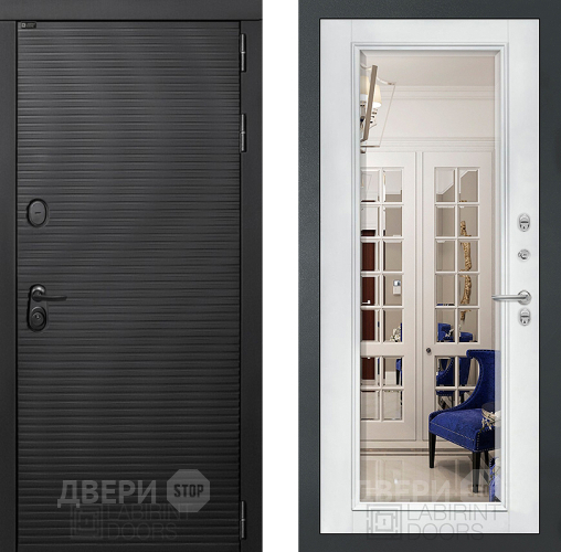 Дверь Лабиринт (LABIRINT) Вулкано Зеркало Фацет с багетом Белый софт в Краснознаменске