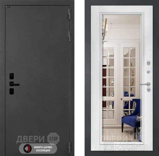 Входная металлическая Дверь Лабиринт (LABIRINT) Acustic Зеркало Фацет с багетом Белый софт в Краснознаменске