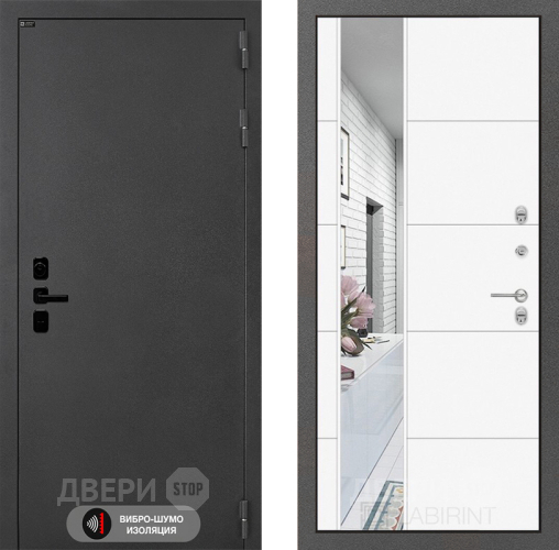 Входная металлическая Дверь Лабиринт (LABIRINT) Acustic Зеркало 19 Белый софт в Краснознаменске