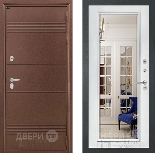 Входная металлическая Дверь Лабиринт (LABIRINT) Термо Лайт Зеркало Фацет с багетом Белый софт в Краснознаменске