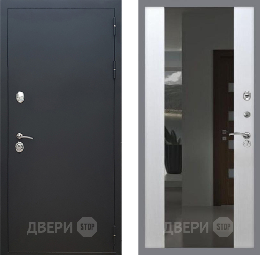 Входная металлическая Дверь Рекс (REX) 5 Черный Муар СБ-16 Зеркало Белый ясень в Краснознаменске